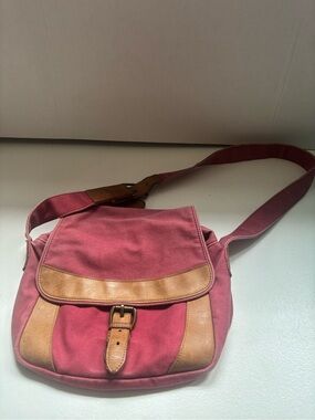 vintage L.L.Bean canvas field messenger bag in pink with brown leather trim